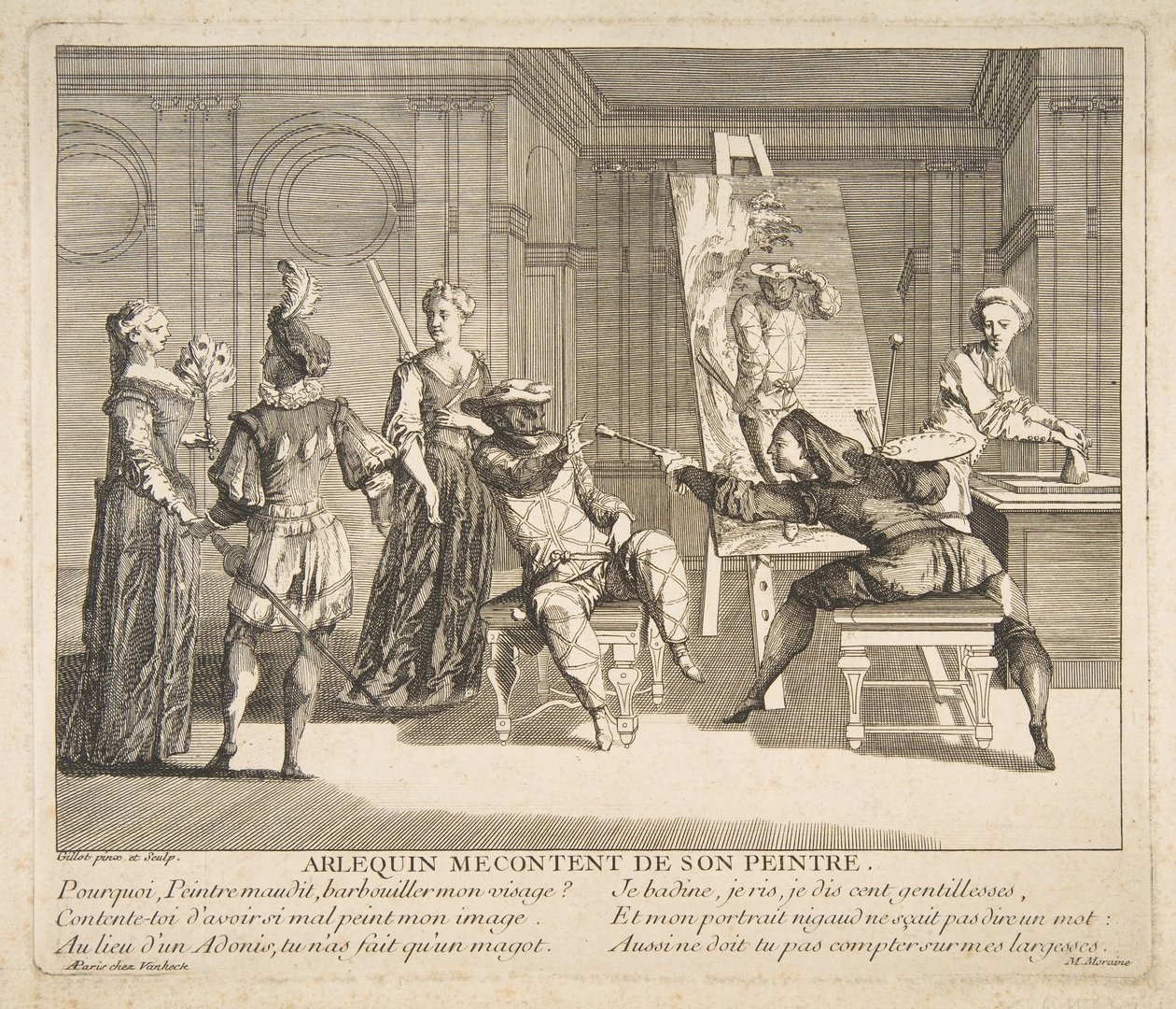 Harlekin elégedetlen festőjével.n.d. Alkotók: Claude Gillot, Jacques Gabriel Huquier. alkotó: Claude Gillot, Jacques Gabriel Huquier
