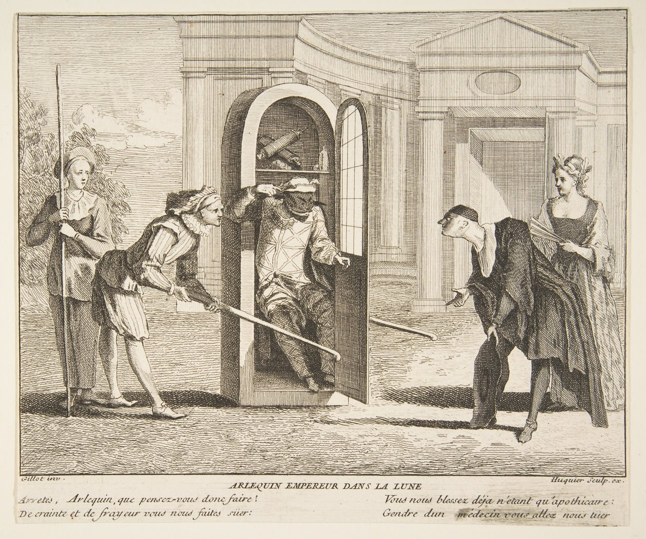 Harlekin, császár a Holdon.n.d. Alkotók: Claude Gillot, Jacques Gabriel Huquier. alkotó: Claude Gillot, Jacques Gabriel Huquier