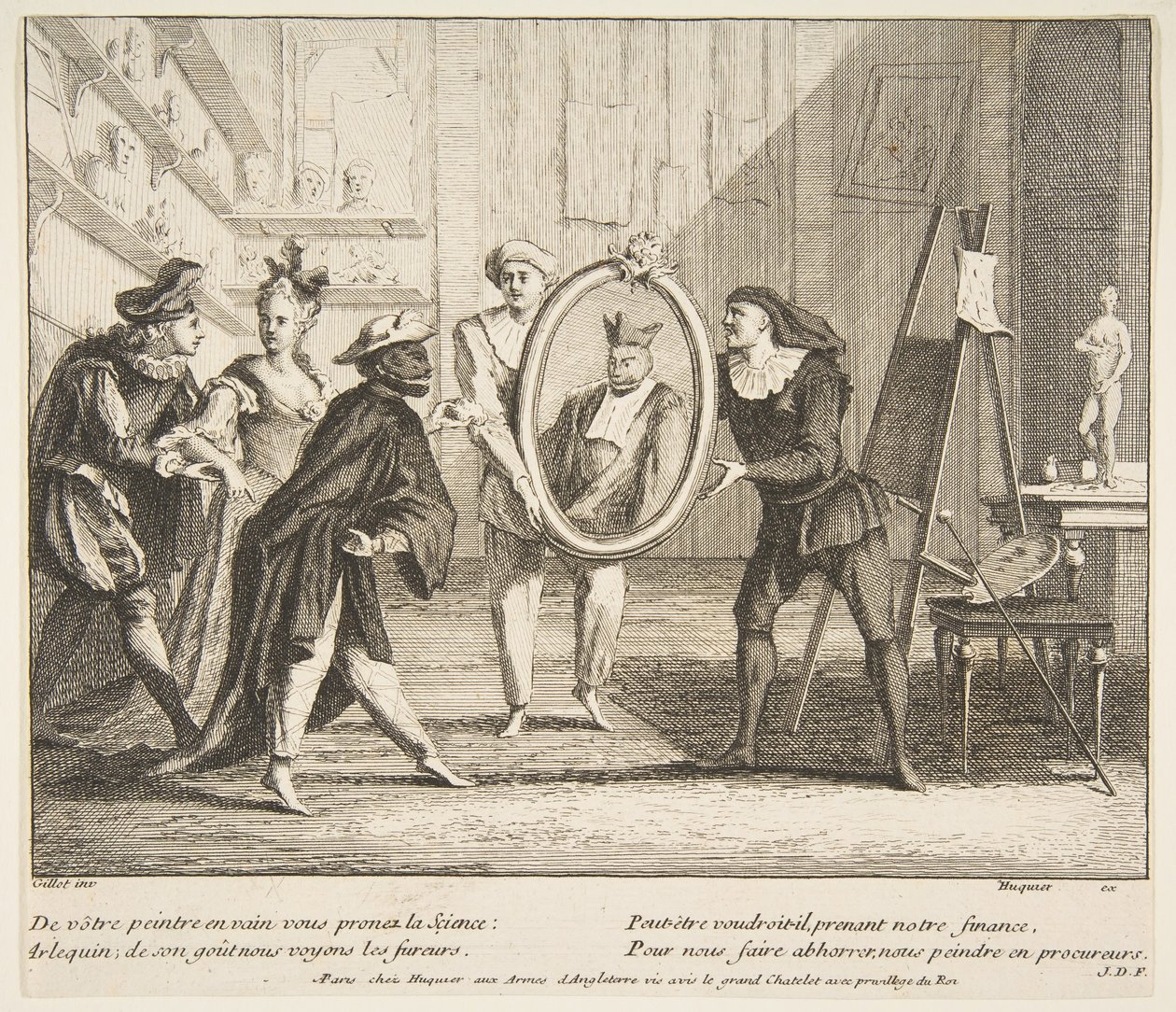 Pierrot és Scaramouche bemutatja Harlequin.n.d portréját. Alkotók: Claude Gillot, Jacques Gabriel Huquier. alkotó: Claude Gillot, Jacques Gabriel Huquier