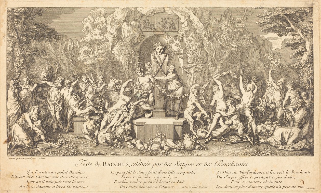 Bacchus ünnepe, amelyet a Satyrs és Bacchanales ünnepelnek (Bacchus Celeb ünnepe a Satyrs és Bacchanales értékelése szerint) alkotó: Claude Gillot