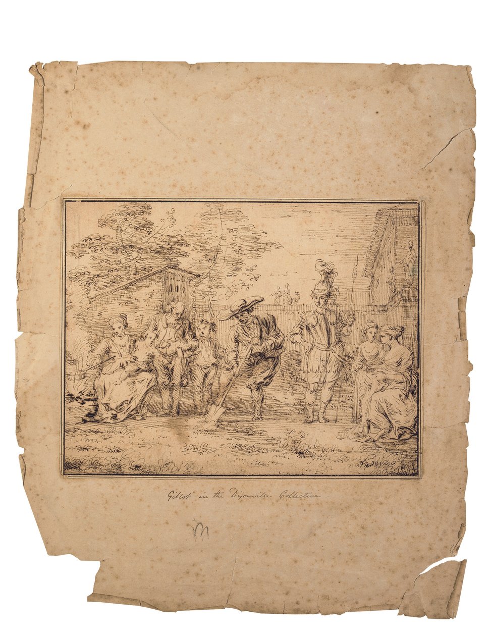 Les quatre âges de la vie: Hét figura a kertben, az egyik ásóval ás (toll és barna tinta) alkotó: Claude Gillot