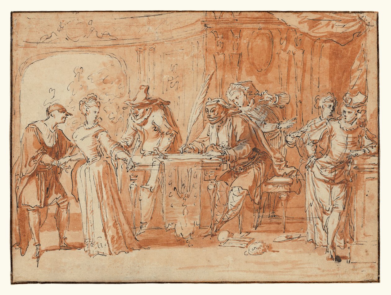 Szene aus der italienischen Komödie (recto); Figurenstudie (verso) alkotó: Claude Gillot