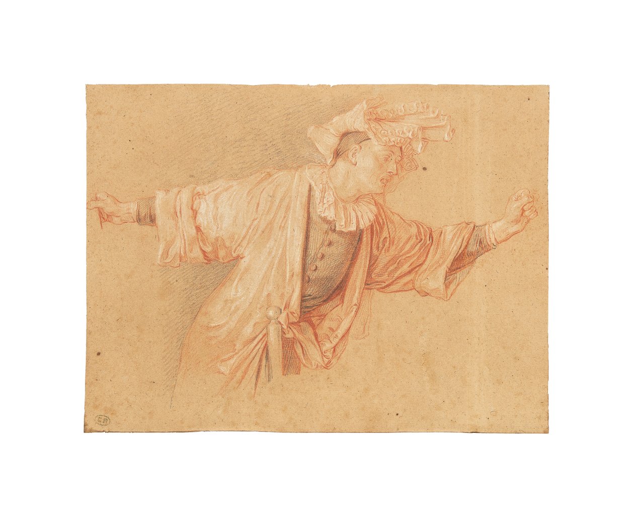 Tanulmány Scaramouche számára, kinyújtott karral, c. 1707 (piros, fekete-fehér kréta, világosszürke papíron) alkotó: Claude Gillot