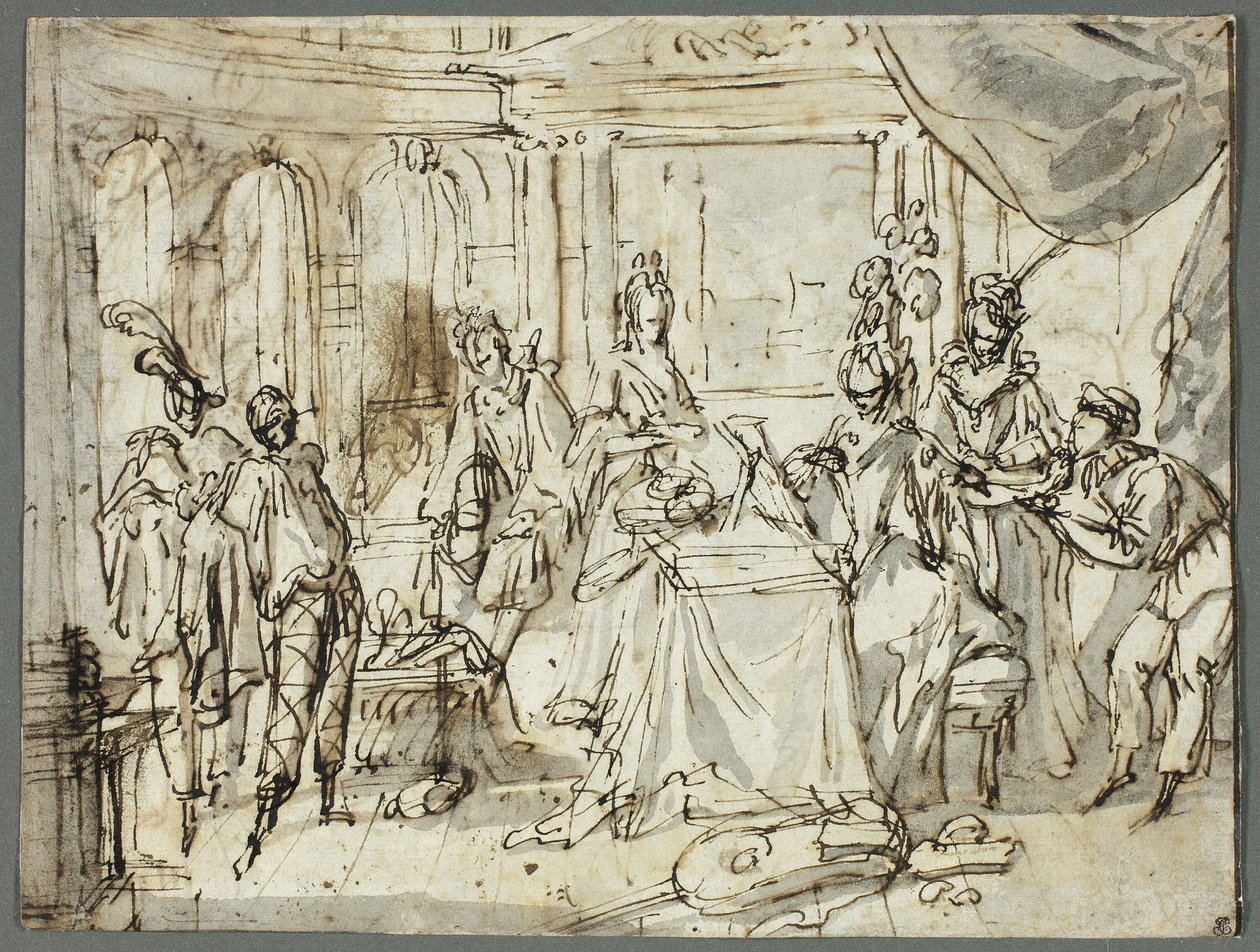 Készülnek a színészek (recto); Tanulmányok a Szent Családról és Keresztelő Szent Jánosról (verso) alkotó: Claude Gillot