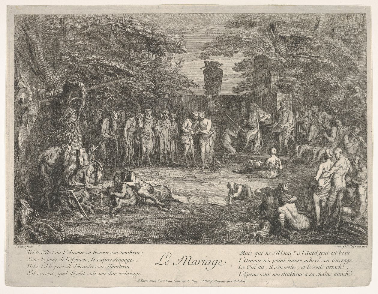A házasság Le Mariage: az erdőben egy idős szatír feleségül veszi a jegyeseket cen..., kb. 1700-1720. alkotó: Claude Gillot