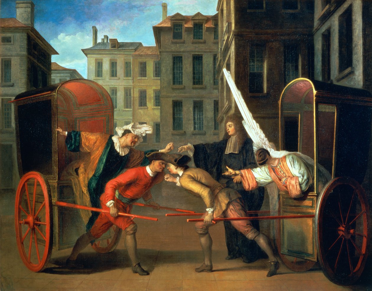 A két edző, egy jelenet, amelyet Jean-Francois Regnard (1655-1709) és Charles-Riviere Dufresne (1648-1724) „A Saint-Germain-i Vásár” című vígjátékához adtak hozzá 1695 körül (olaj, vászon) alkotó: Claude Gillot