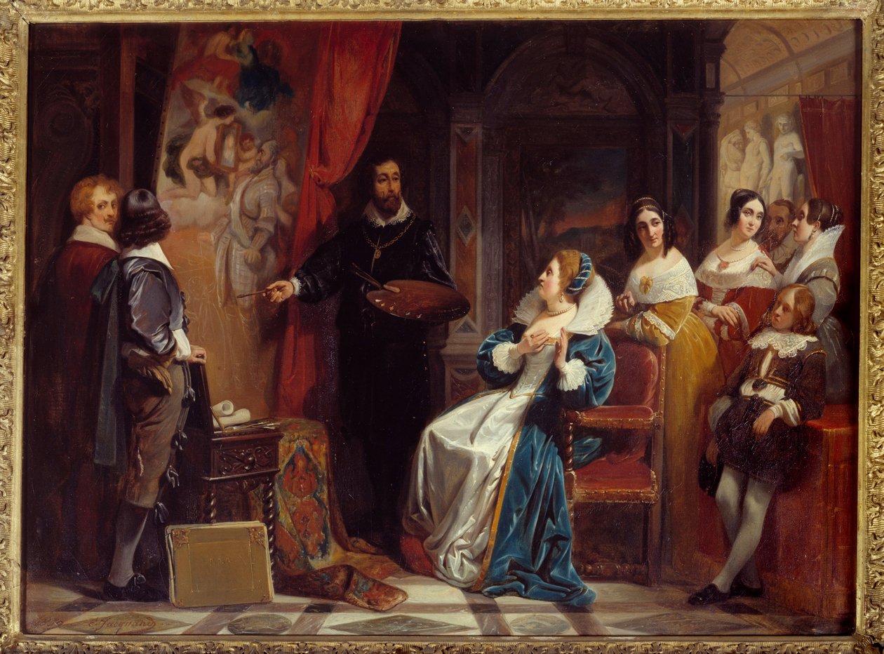 Marie de Medicis francia királynő (1573-1642) Pierre Paul (Pierre-Paul) Rubens (vagy Peter Paul vagy Petrus Paulus) (1577-1640) festőműhelyébe látogat. Claudius Jacquand (1804-1878) festménye alkotó: Claude Jacquand