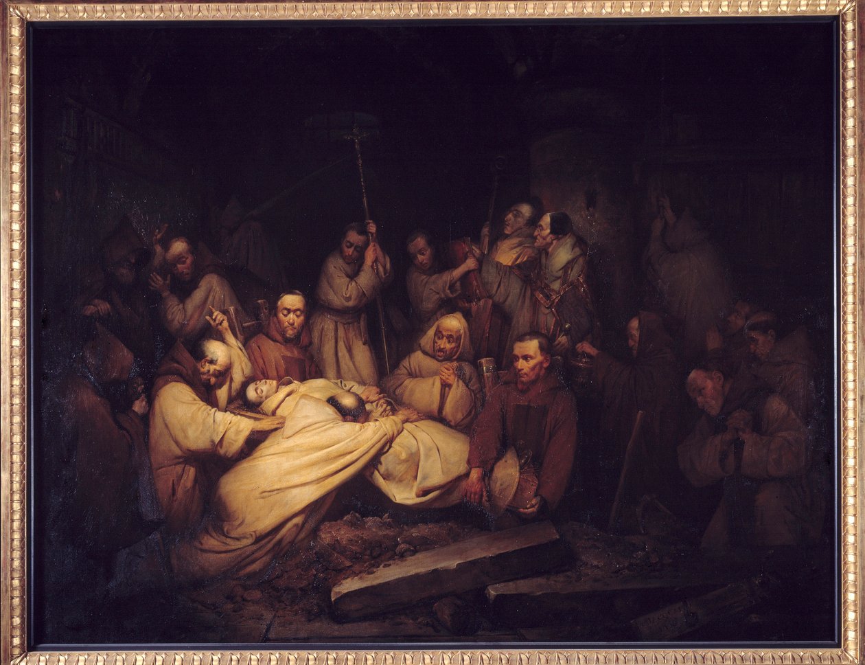Az eljövetelek grófja. A Comminges grófjának emlékművének utolsó jelenete, amely a Comminges grófját ábrázolja Adelaide halála utáni felismerésében. Festmény Francois de Baculard d
