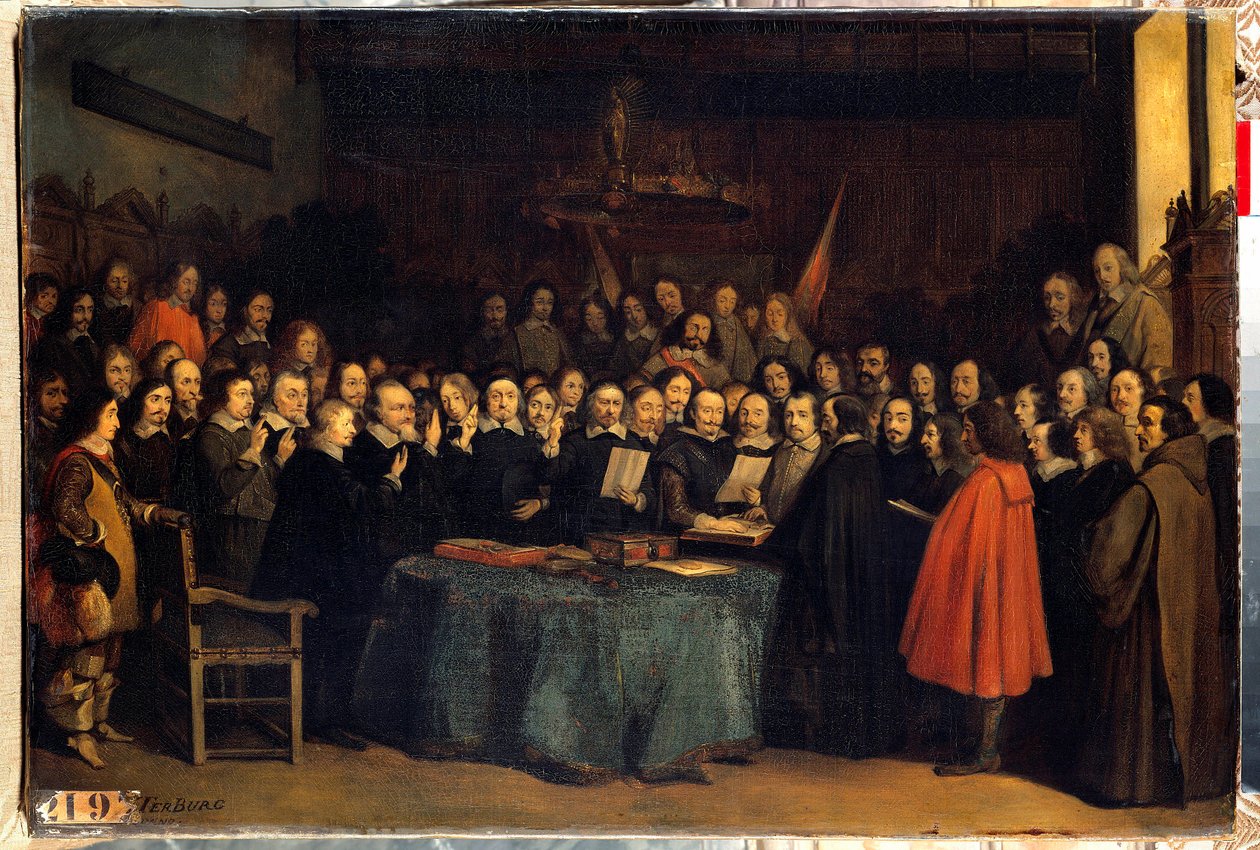 A vesztfáliai béke, a spanyolok és a needlandiak közötti béke ratifikálása utáni eskütétel a münsteri városházán 1648.05.15. Befejezték a harmincéves háborút. Claudius Jacquand festménye alkotó: Claude Jacquand
