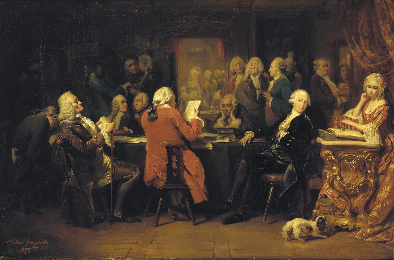 Voltaire a Procope olvasótermében alkotó: Claude Jacquand