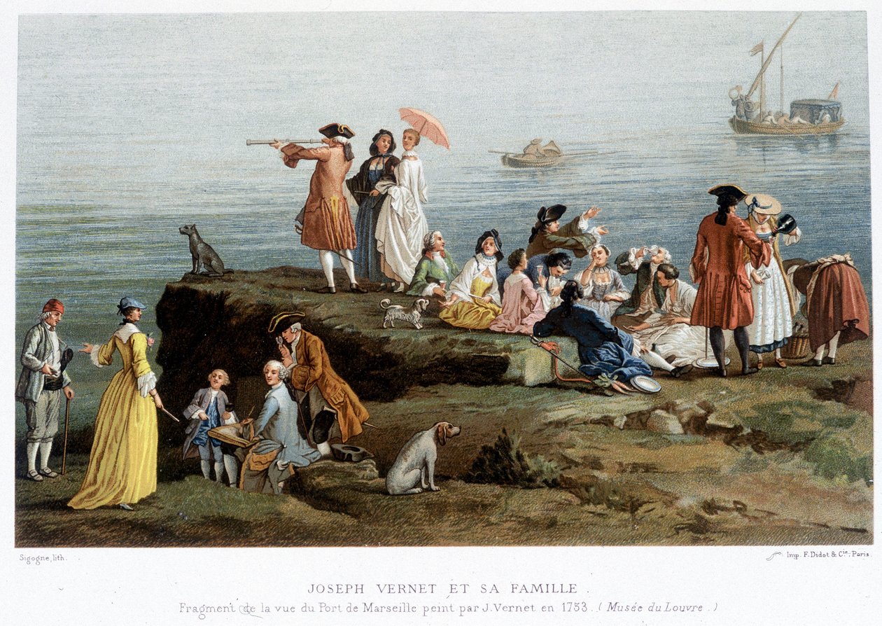 Joseph Vernet és családja – 19. századi repro. Vernet 1753-ban festett részlete a marseille-i kikötő látképéből (Louvre Múzeum) alkotó: Claude Joseph (after) Vernet