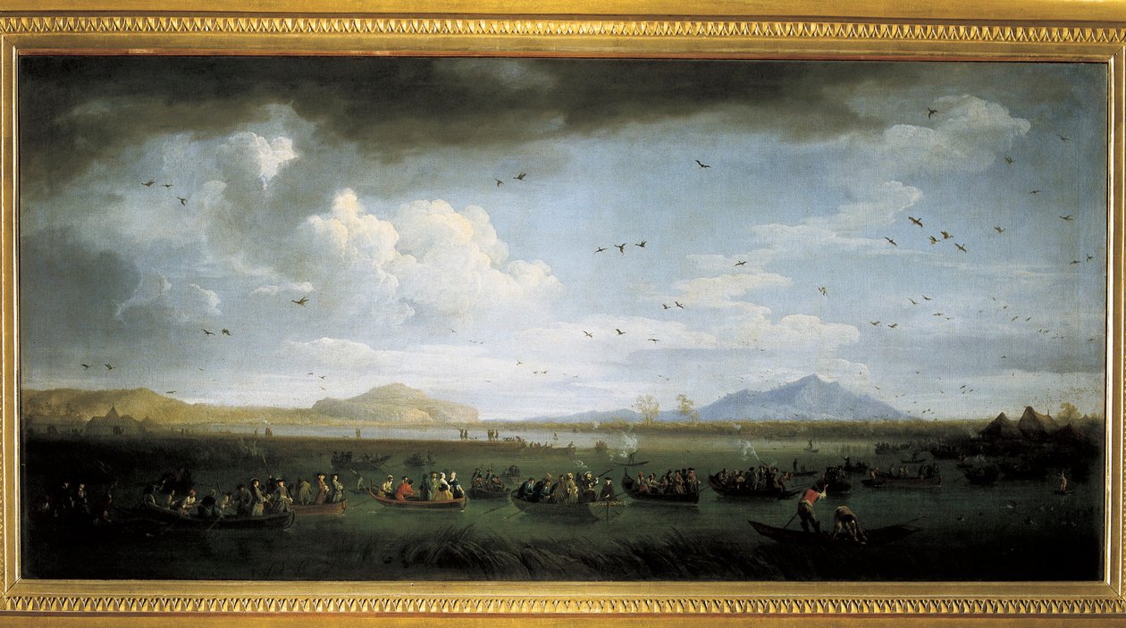 Charles de Bourbon kacsákra vadászik a Pátria-tónál, Joseph Vernet festménye alkotó: Claude Joseph Vernet