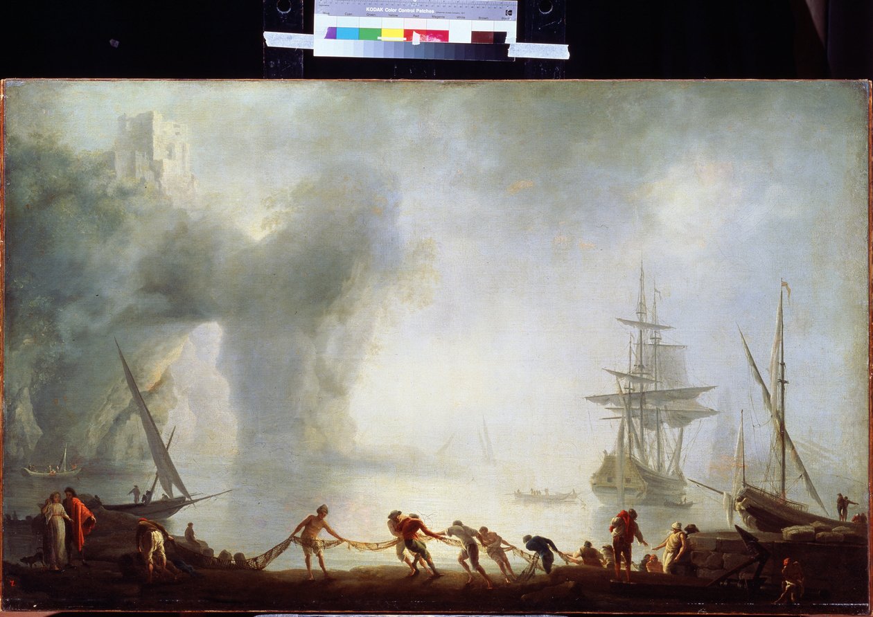Hajnal Capri fölött, köd. Claude Joseph Vernet (1714-1789) festménye. Olaj, vászon, 92 x 150 cm, 1745 körül. XVIII. századi francia iskola. Puskin Szépművészeti Múzeum, Moszkva. alkotó: Claude Joseph Vernet