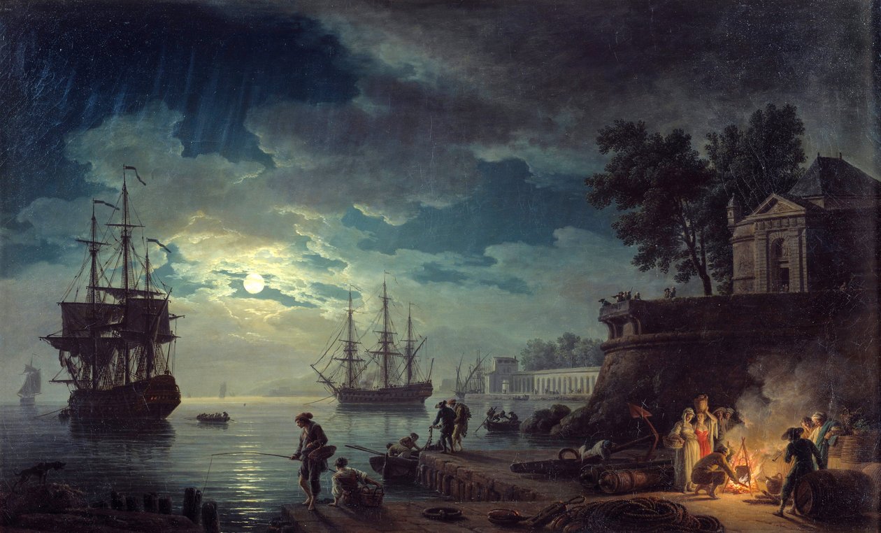 Holdfényes horgászat Éjszakai kilátás a kikötőre, tábortüzet rakó férfiakkal. Joseph Vernet festménye alkotó: Claude Joseph Vernet