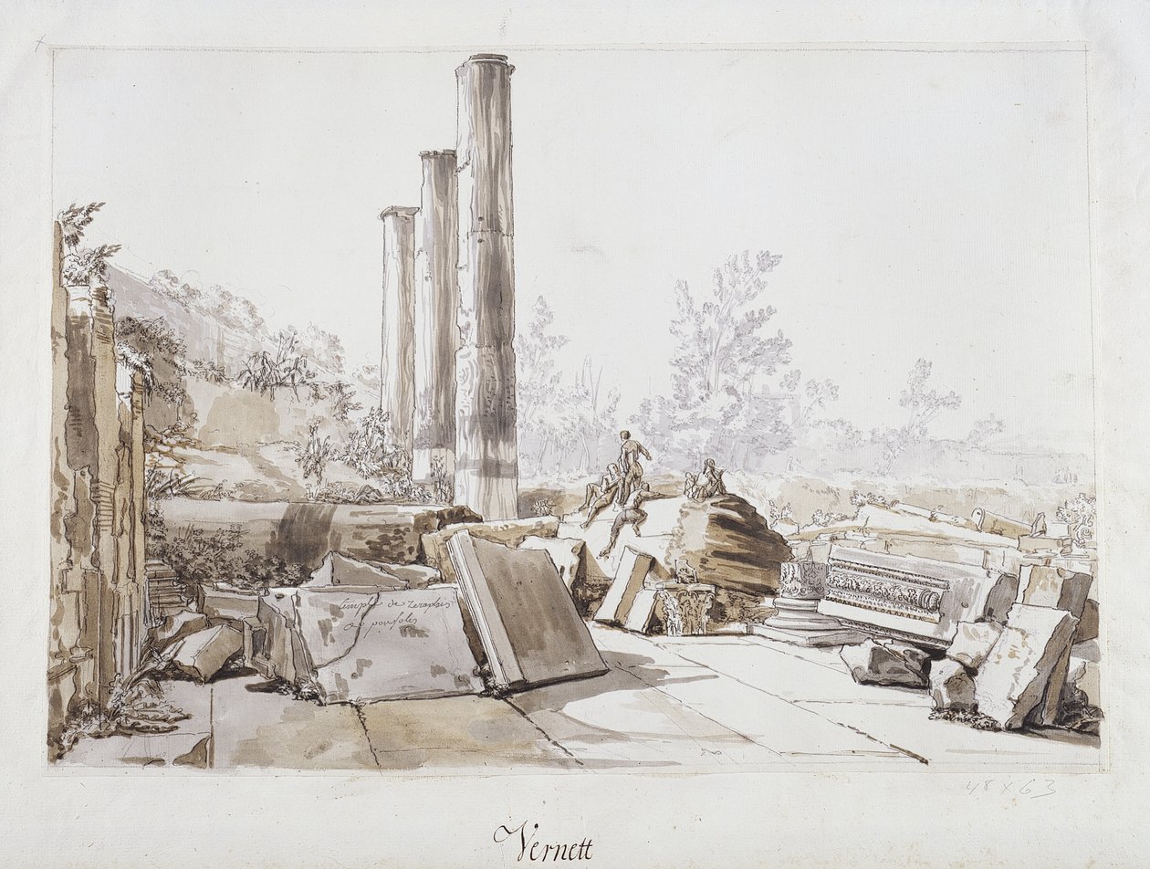 Serapis templomának romjai Pozzuoliban, 1750 (tollal és tintával és fekete krétával, papíron) alkotó: Claude Joseph Vernet