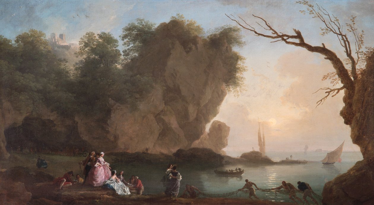 Naplemente: Kilátás egy öbölre alakokkal alkotó: Claude Joseph Vernet
