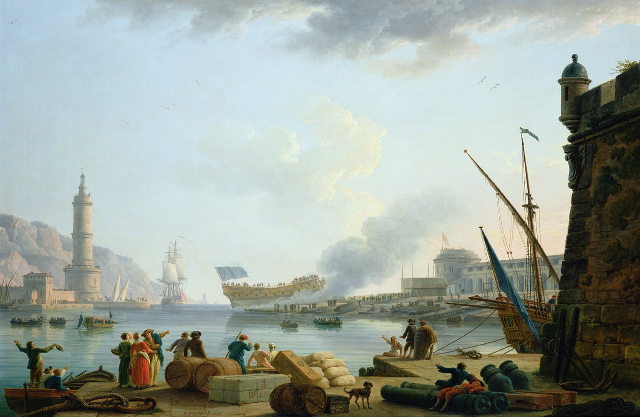 A hadihajó felbocsátása egy kikötő torkolatánál, 1781 alkotó: Claude Joseph Vernet