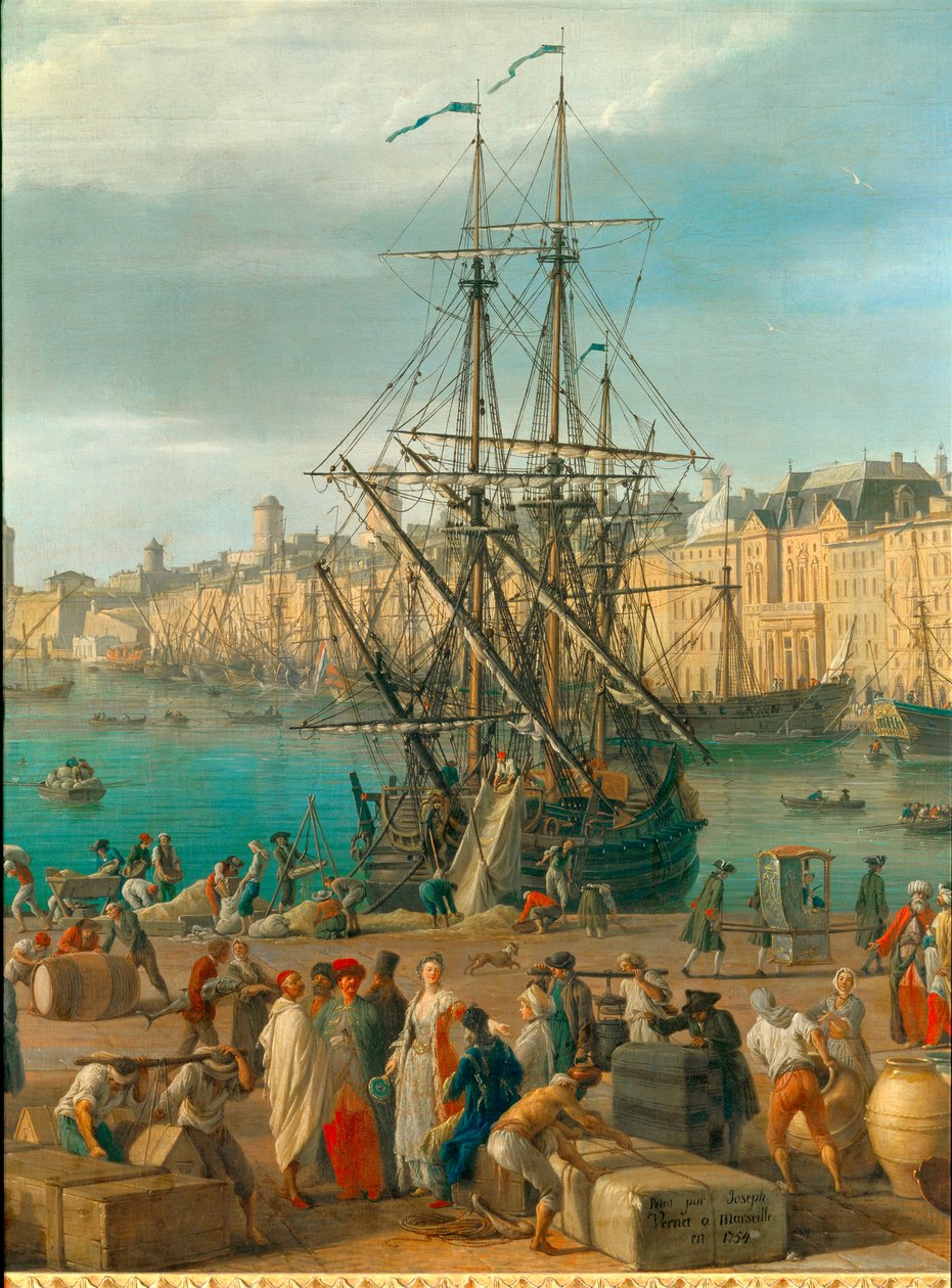 Marseille kikötője a 18. században Árukirakodást ábrázoló részlet. Joseph Vernet (1714-1789) festménye 18. századi Párizs. Tengerészeti Múzeum alkotó: Claude Joseph Vernet