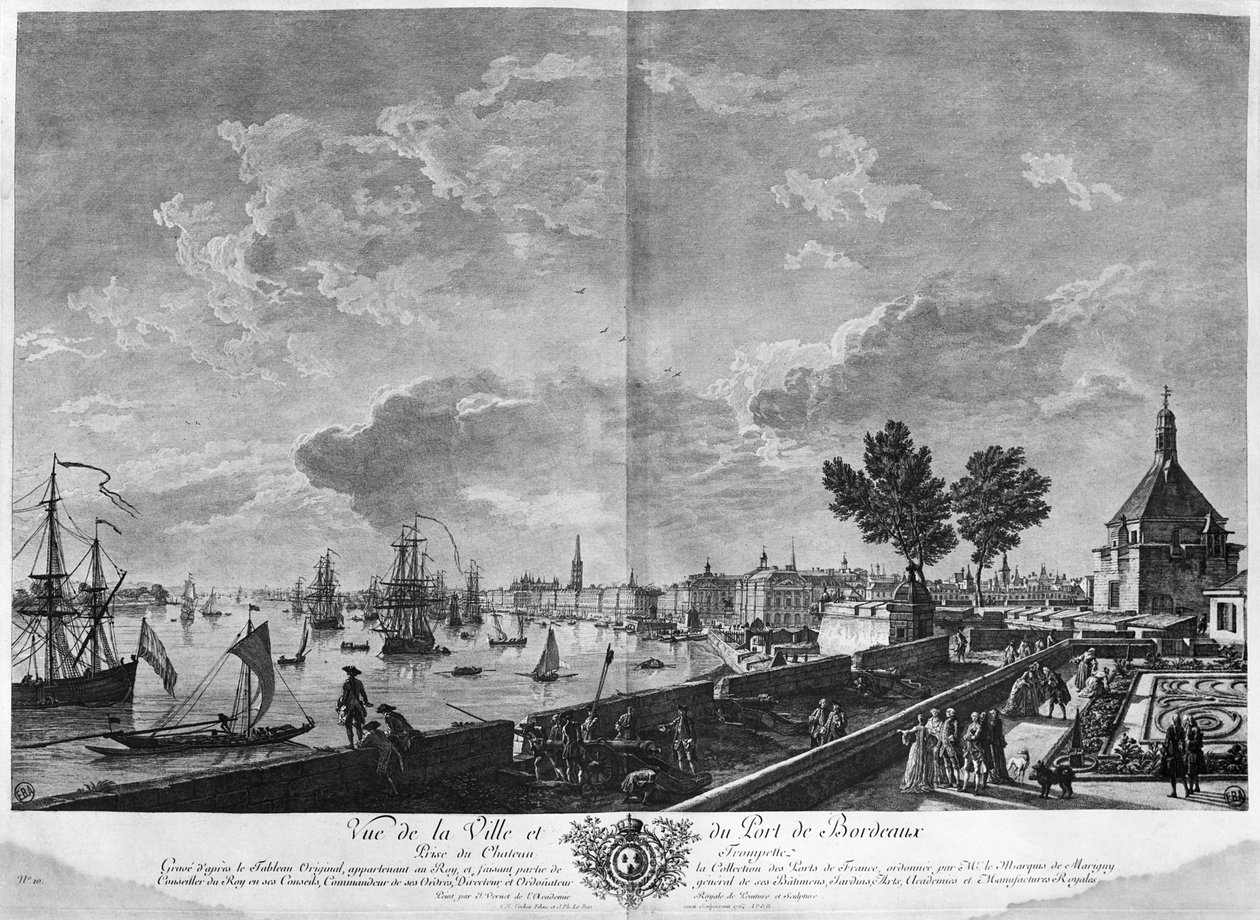 Bordeaux városának és kikötőjének kilátása a Chateau Trompette-ből, a "Les Ports de France" sorozatból, fiatalabb Charles Nicolas Cochin metszetével alkotó: Claude Joseph Vernet