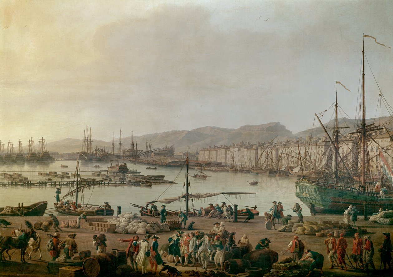 Kilátás Toulon Detail kikötőjére, a régi kikötőre, kilátás az üzletek partjáról. Joseph Vernet (1714-1789) festménye 1756. Párizs, Musee de la Marine – Kilátás a tengerre – Toulon kikötőjére. Részlet. Joseph Vernet (1714-1789) festménye, olaj, vászon alkotó: Claude Joseph Vernet