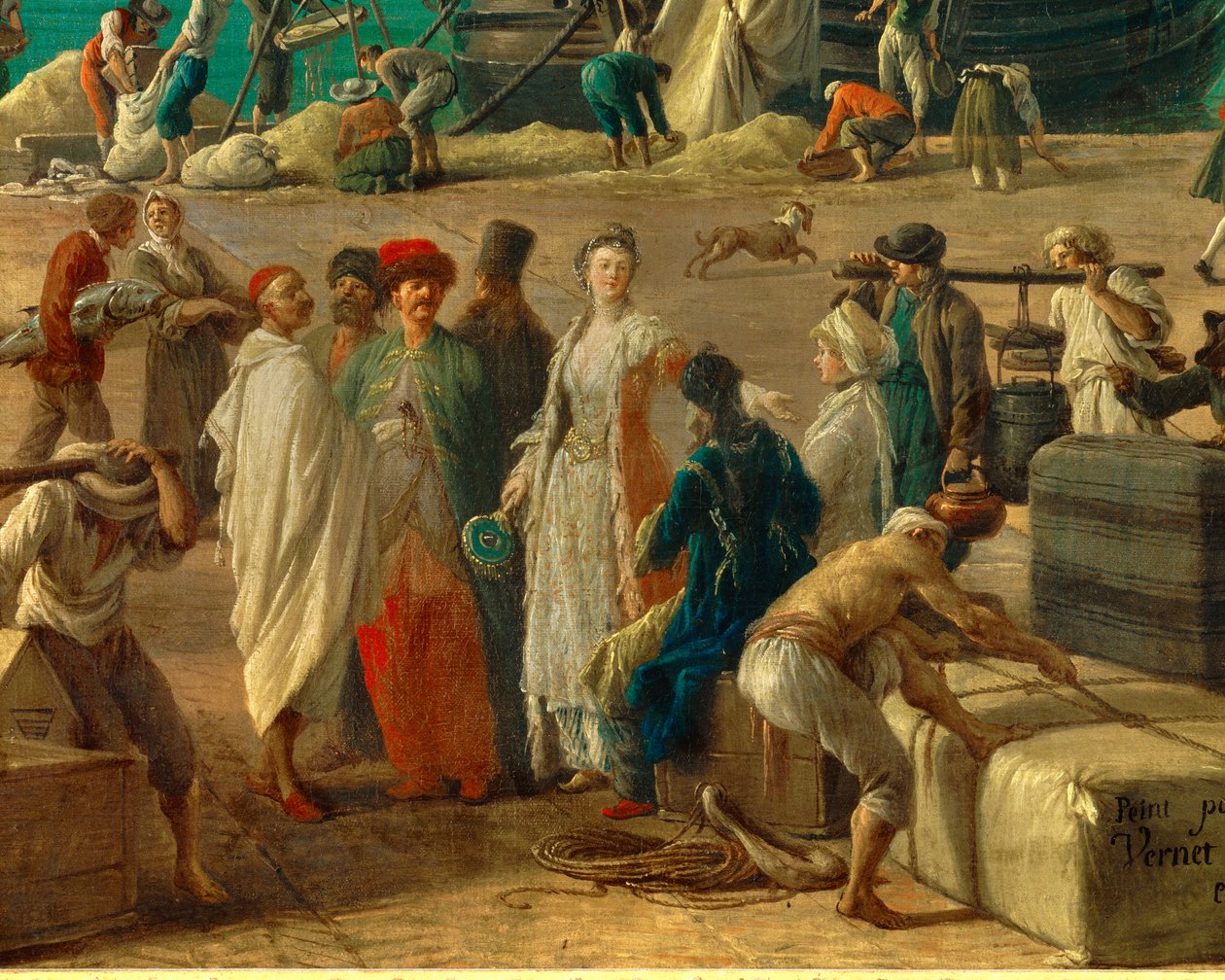 részlete: Marseille kikötője a 18. században”” Árukirakodást ábrázoló részlet. Joseph Vernet (1714-1789) festménye 18. századi Párizs. Tengerészeti Múzeum alkotó: Claude Joseph Vernet