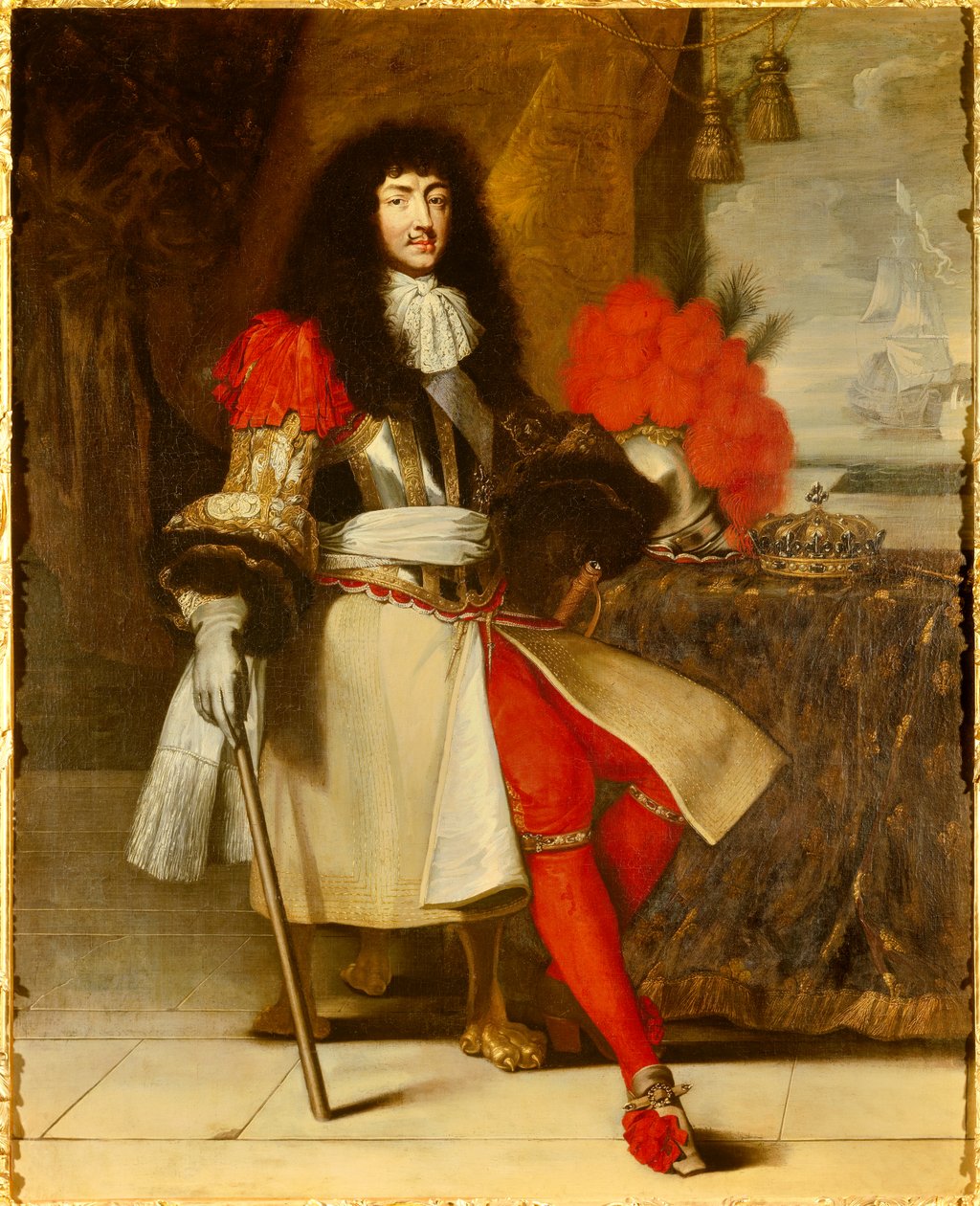 XIV. Lajos francia és navarrai király (1638-1715) portréja - 1665-1670 körül (csatahajó koronával és jogarral az asztalon, tengeri táj előtt csónakkal) Claude Lefebvre festménye (1632-) 1675) 1670 körül V. 1,96x1,55 alkotó: Claude Lefebvre