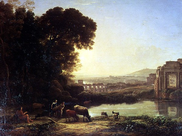 Szarvasmarhák és kecskék isznak egy rom mellett alkotó: Claude Lorrain