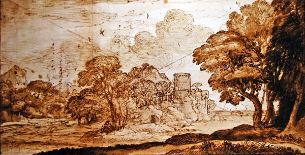 Elvarázsolt kastély (toll és tinta, mosás papíron) alkotó: Claude Lorrain