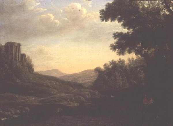 Kiterjedt erdős táj romos templommal (olaj, vászon) alkotó: Claude Lorrain