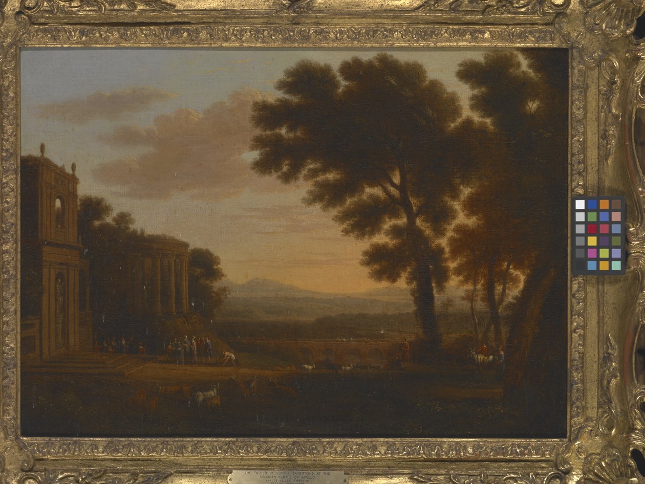 Tájkép a psziché atyjával, aki áldoz a milesiai Apolló-templomban (olaj, vászon) alkotó: Claude Lorrain (1600 82)