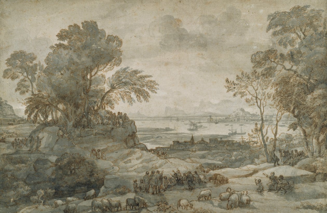 Tájkép Krisztussal, aki a hegyi beszédet hirdeti (toll és barna tinta szürke mosással a papíron) alkotó: Claude Lorrain