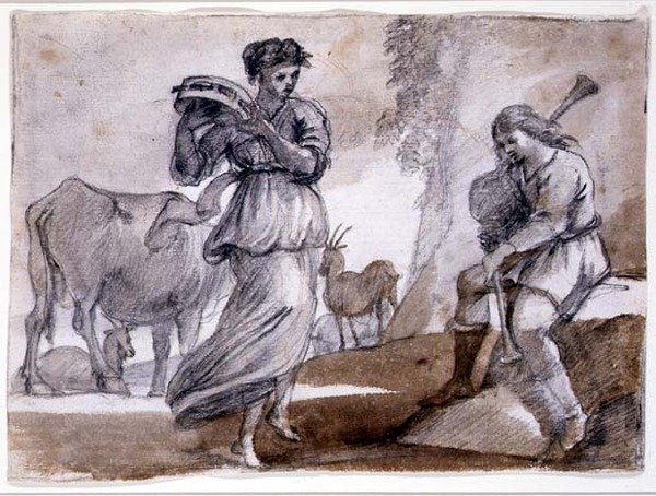 Vidéki tánc (fekete-piros kréta és mosás papíron) alkotó: Claude Lorrain