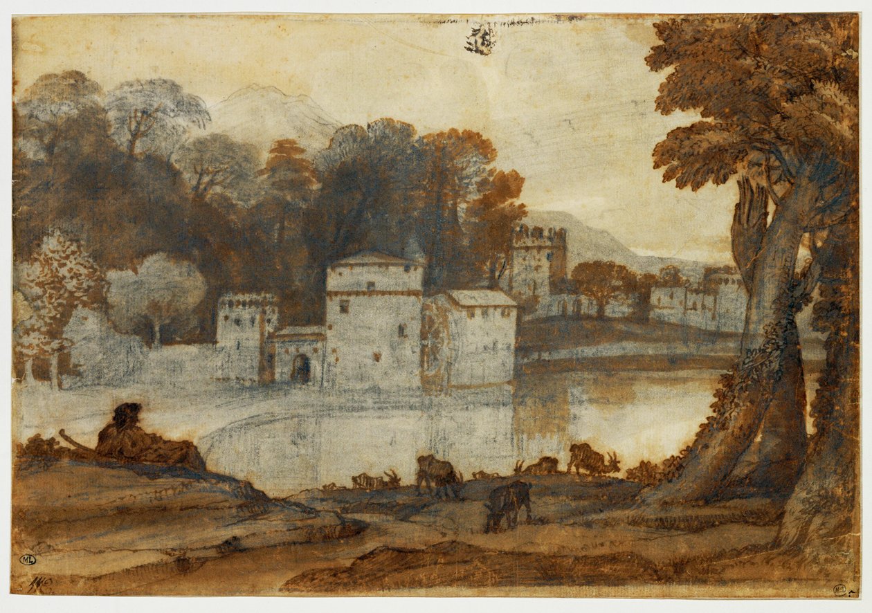 Pásztor egy tó mellett, egy erődített malom mellett ... alkotó: Claude Lorrain (1600 82)