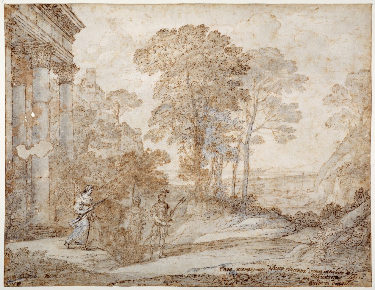 Vénusz és Aeneas találkozása, 1678 körül (toll és tinta mosással a papíron) alkotó: Claude Lorrain