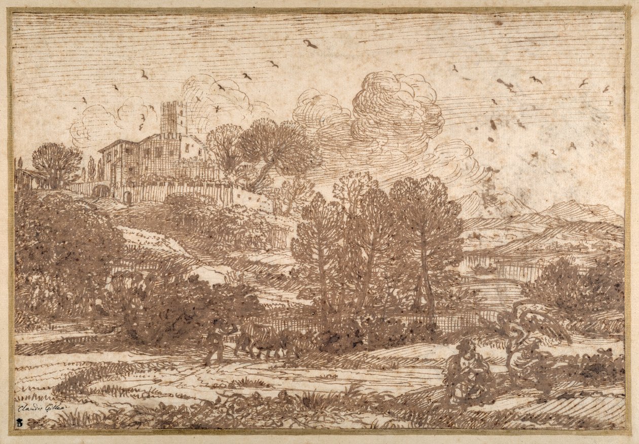 Hágár és az angyal (toll és barna tinta papíron) alkotó: Claude Lorrain