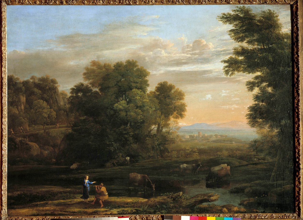 Táj pásztorral, aki a bukolikus jelenet zászlóját játszik. Claude Gellee Lorraine (1600-1682) festménye a XVII. Magángyűjtemény alkotó: Claude Lorrain