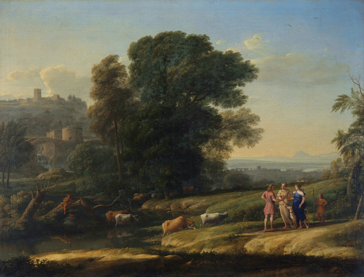 "Táj Cephalusszal és Prokrisszal Diana újraegyesítve" (Diana újraegyesített tájkép Cephalusszal és Prokrisszal) Claude Lorrain festménye (1600-1682) Olaj, vászon 1645 Méret 101,5x133 cm National Gallery, London alkotó: Claude Lorrain