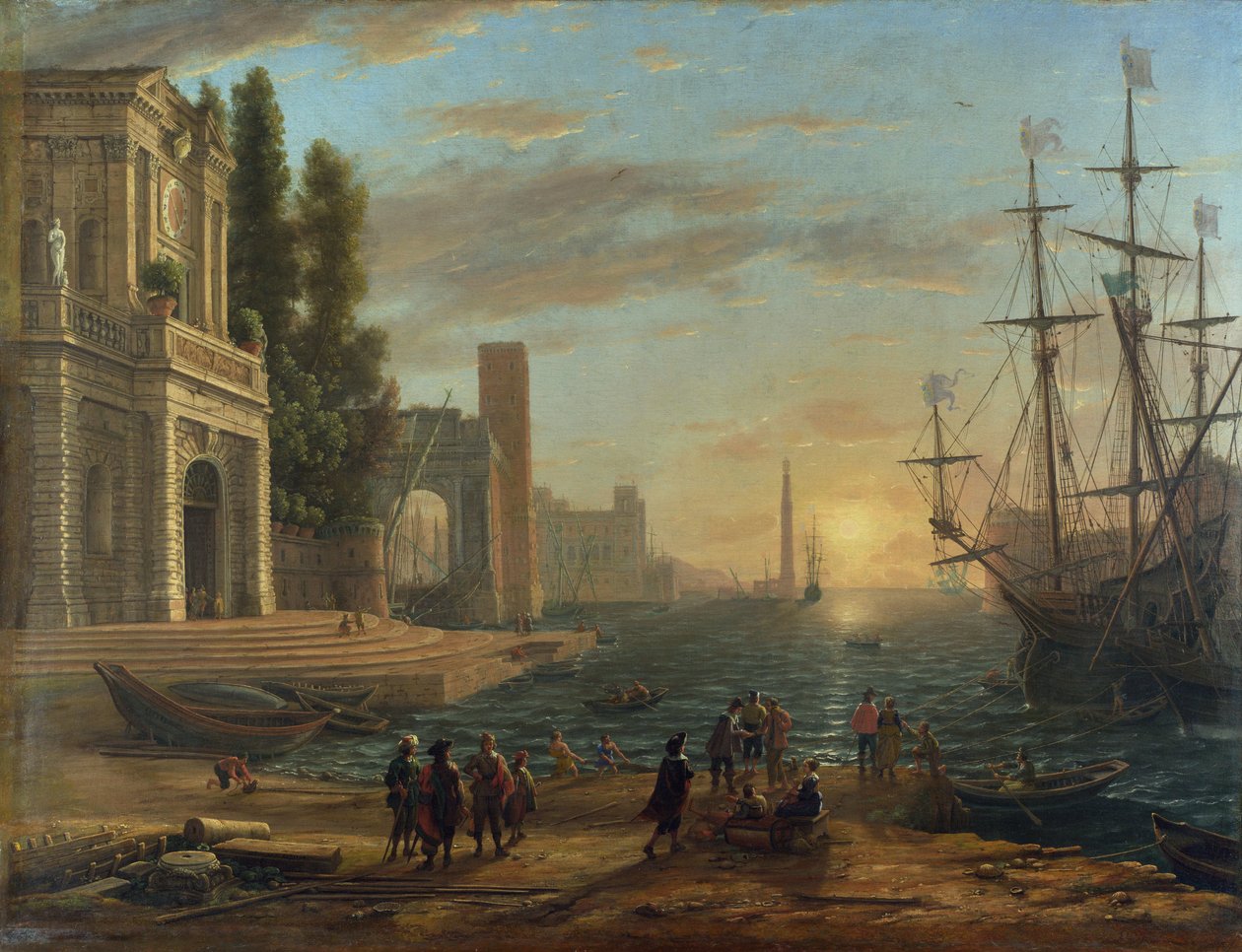 ""Tengeri kikötő naplementekor"" (A tengeri kikötő) Claude Lorrain festménye (1600-1682) Olaj, vászon 1644 Méret 103x131 cm National Gallery, London alkotó: Claude Lorrain