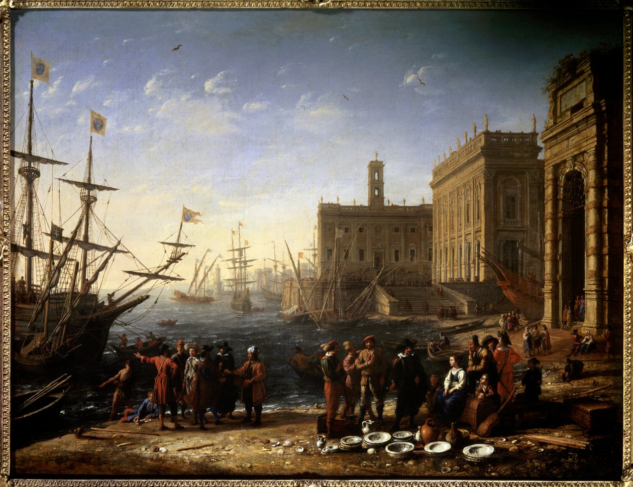 Kilátás a kikötőre és a Capitoliumra Kilátás Róma városára Olaszországban. Claude Gellee Lorraine (1600-1682) 17. századi Nap című festménye. 0,56x0,82 m Párizs, Musee du Louvre. alkotó: Claude Lorrain