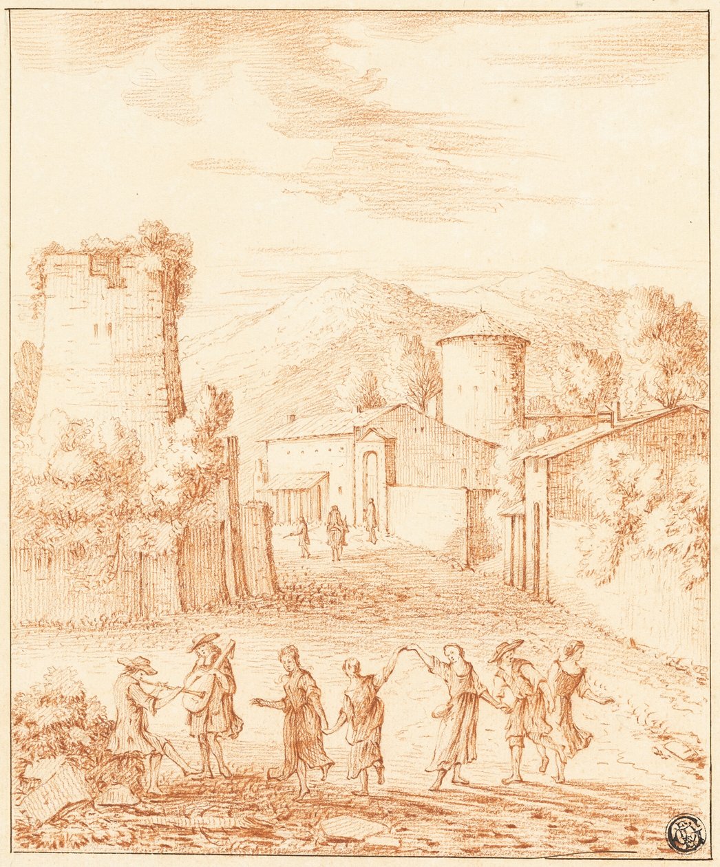 Táncosok és zenészek a romos tornyú falu előtt alkotó: Claude Lorrain