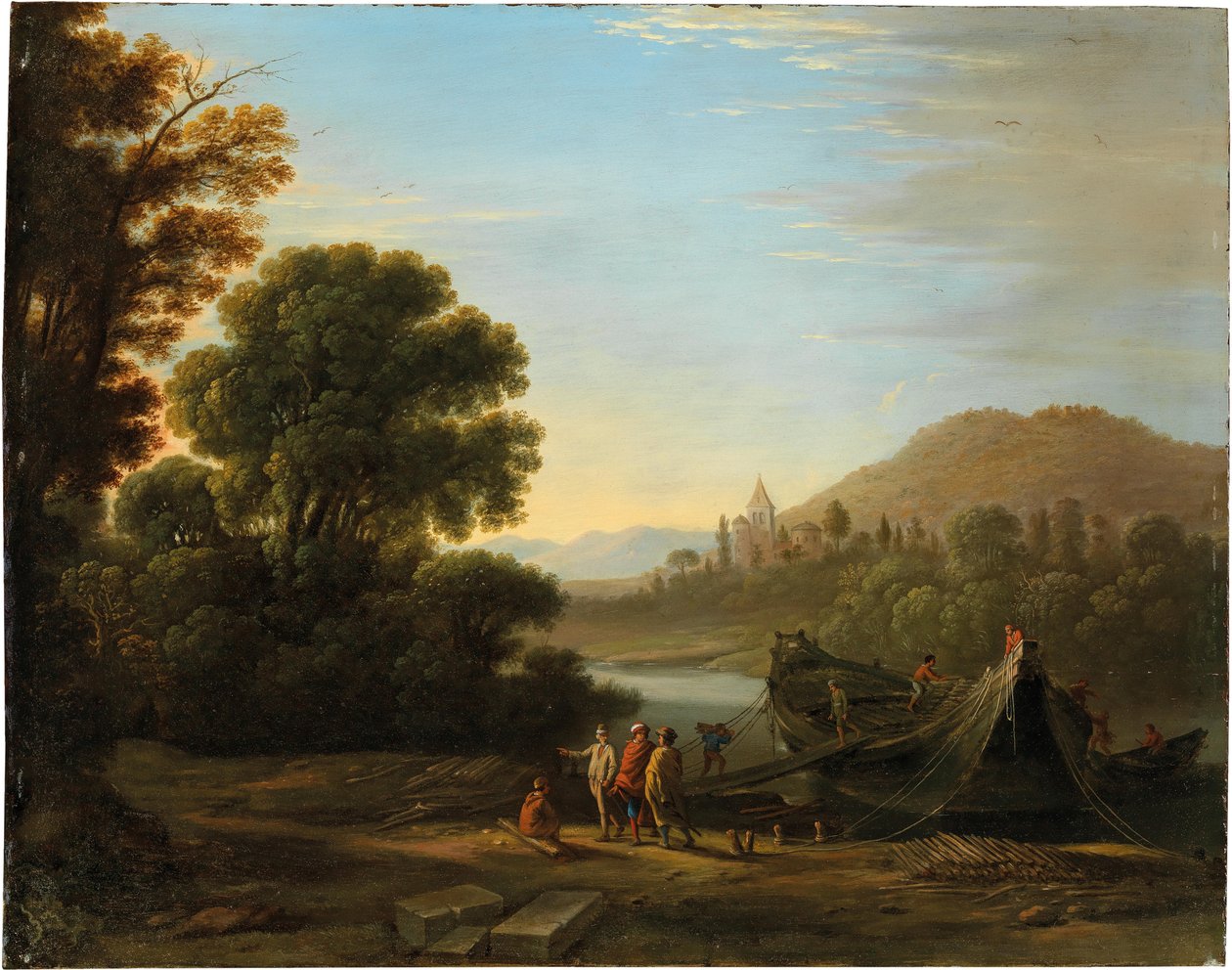 Francia: Paysage avec personnages chargeant du bois sur un bateau Tájkép fát rakodó figurákkal egy hajóra alkotó: Claude Lorrain