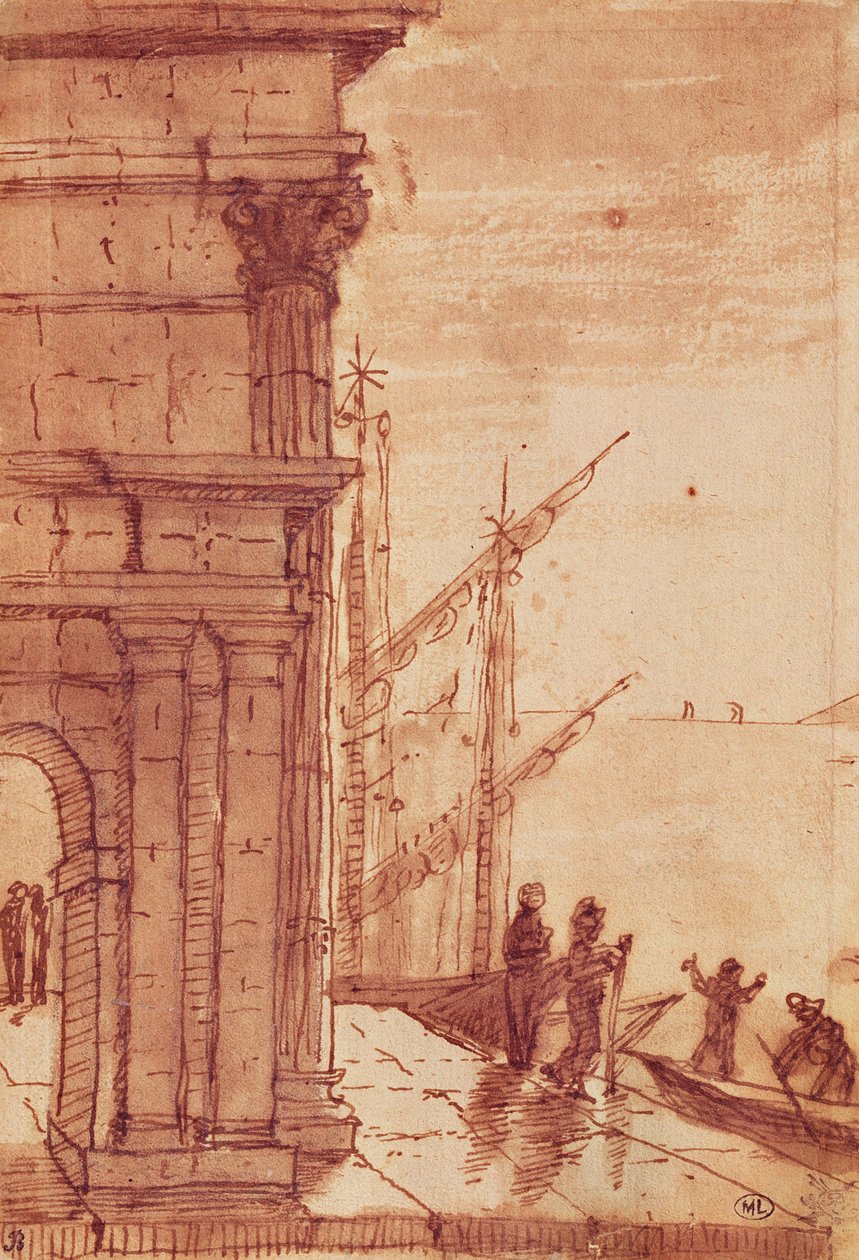 Leszállási szakasz napkeltekor (toll, barna tinta, barna mosás és fekete zsírkréta) alkotó: Claude Lorrain