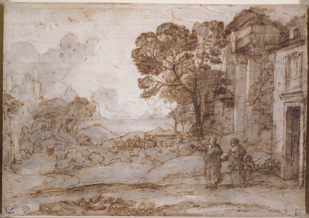 Táj Ábrahámmal, aki kiűzi Hágart és Izmaelt, 1665-67 körül (toll és tinta, valamint kréta feletti mosás papíron) alkotó: Claude Lorrain