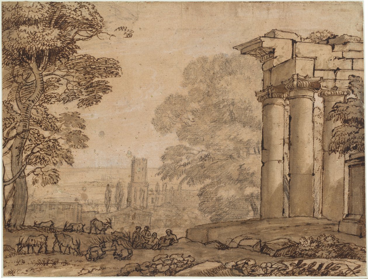 Táj romokkal, pásztorfigurákkal és fákkal alkotó: Claude Lorrain