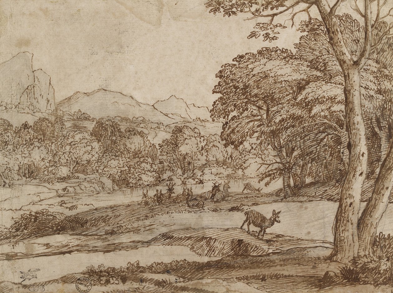 Táj szarvascsordával, 1666 (fekete kréta, dörzsölve, tollal és barna tintával foltos törtfehér papíron) alkotó: Claude Lorrain