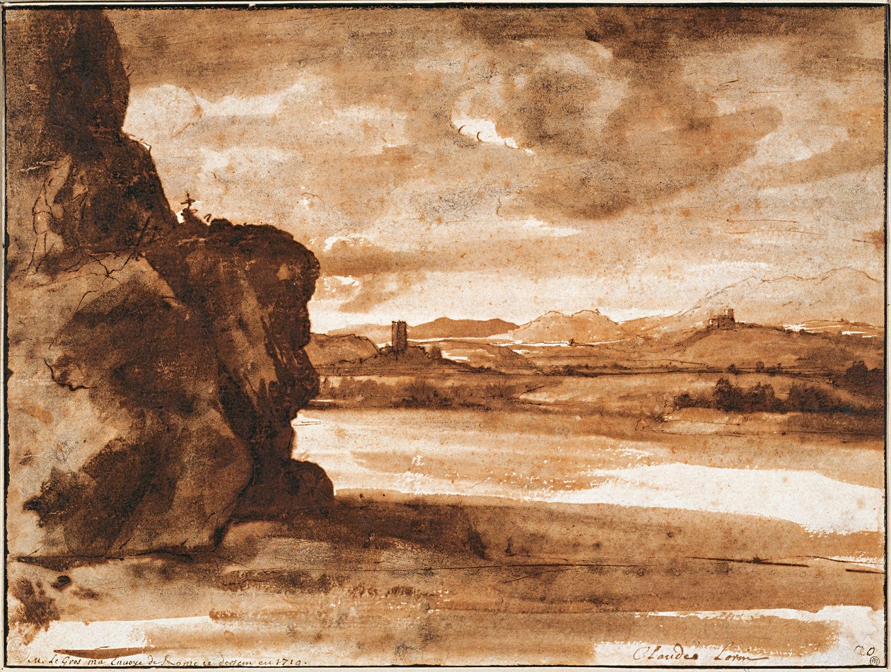 ""Táj a Tiberisen Rómától északra, felhős égbolttal"" (Tiberis táj Rómától északra sötét felhős éggel) Claude Lorrain (1600-1682) tollrajza 1630-1640 körül Méret: 19,9 x 26,7 cm Albertina, Bécs alkotó: Claude Lorrain