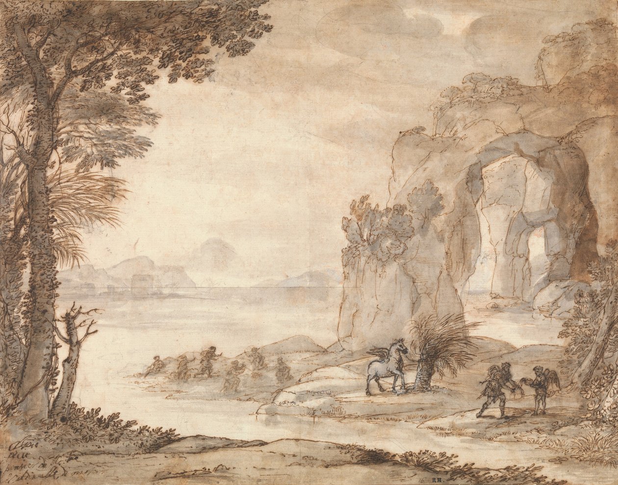 Perseus and the Origin of Coral, 1671 körül (fekete kréta, szépia és fekete tinta, szépia és szürke mosás fehérrel) alkotó: Claude Lorrain