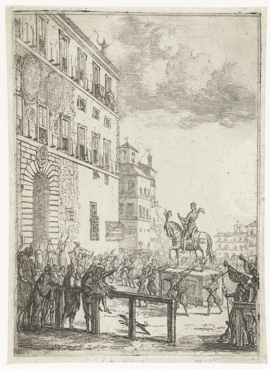 A Szent Római Birodalom császárának lovas szobra Le Statue Equestre du roi des Romains Tűzijátékok és ünnepségek a Szent Római Birodalom újonnan megválasztott császára alkalmából (sorozat címe) alkotó: Claude Lorrain