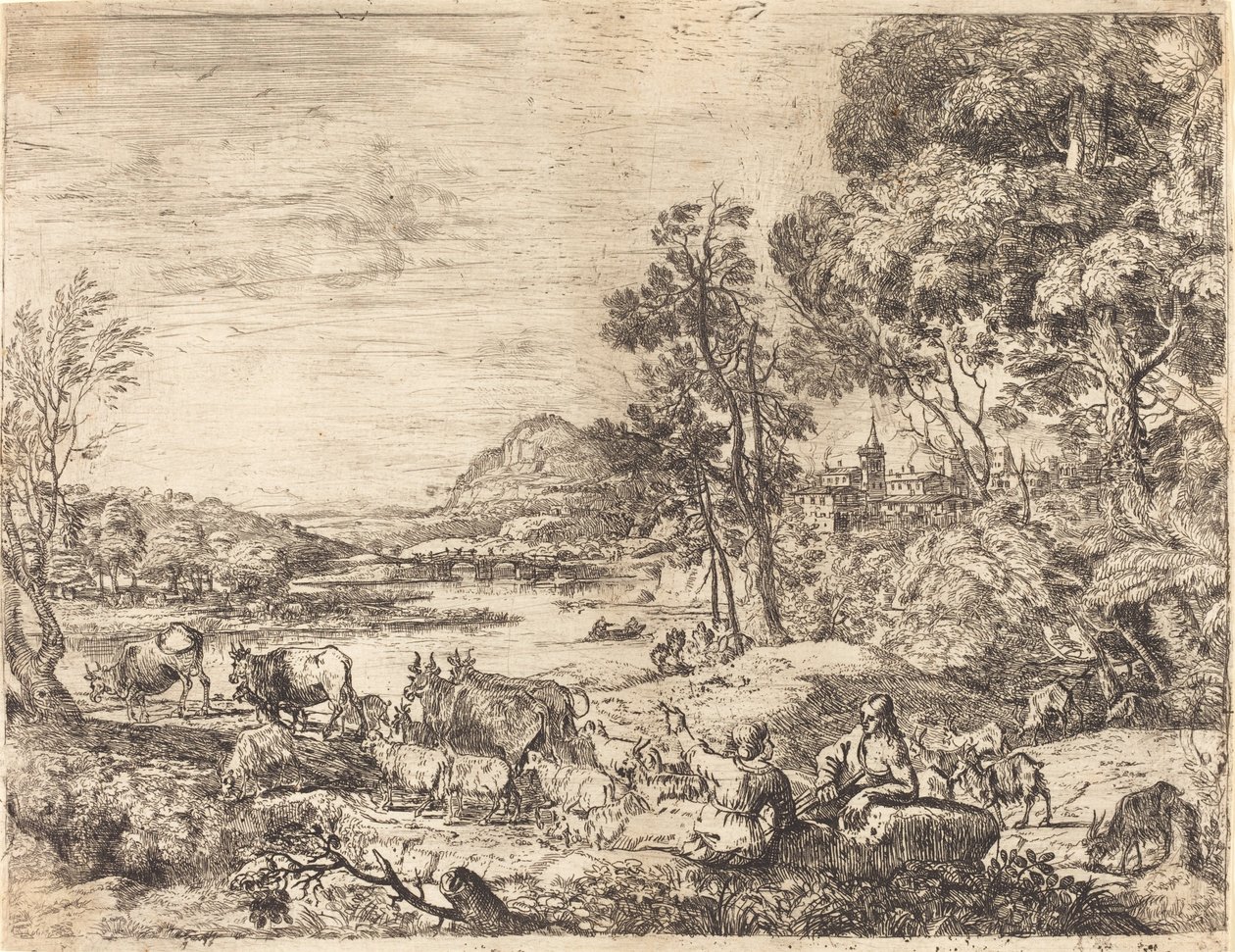 Pásztor és pásztorlány beszélget egy tájban (Berger et bergère conversant) alkotó: Claude Lorrain