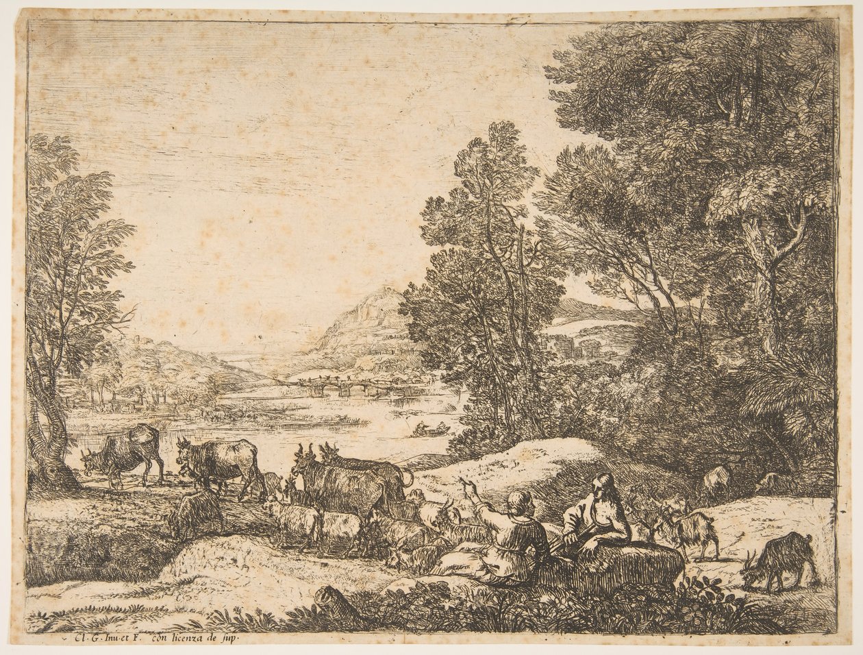 Pásztor és pásztorlány beszélget egy tájban, kb. 1651. alkotó: Claude Lorrain